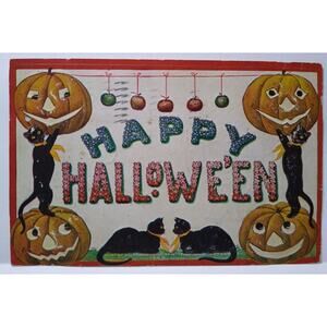Halloween Postcard Cats Apples JOL Pumpkins 1909 International Arts Vintage